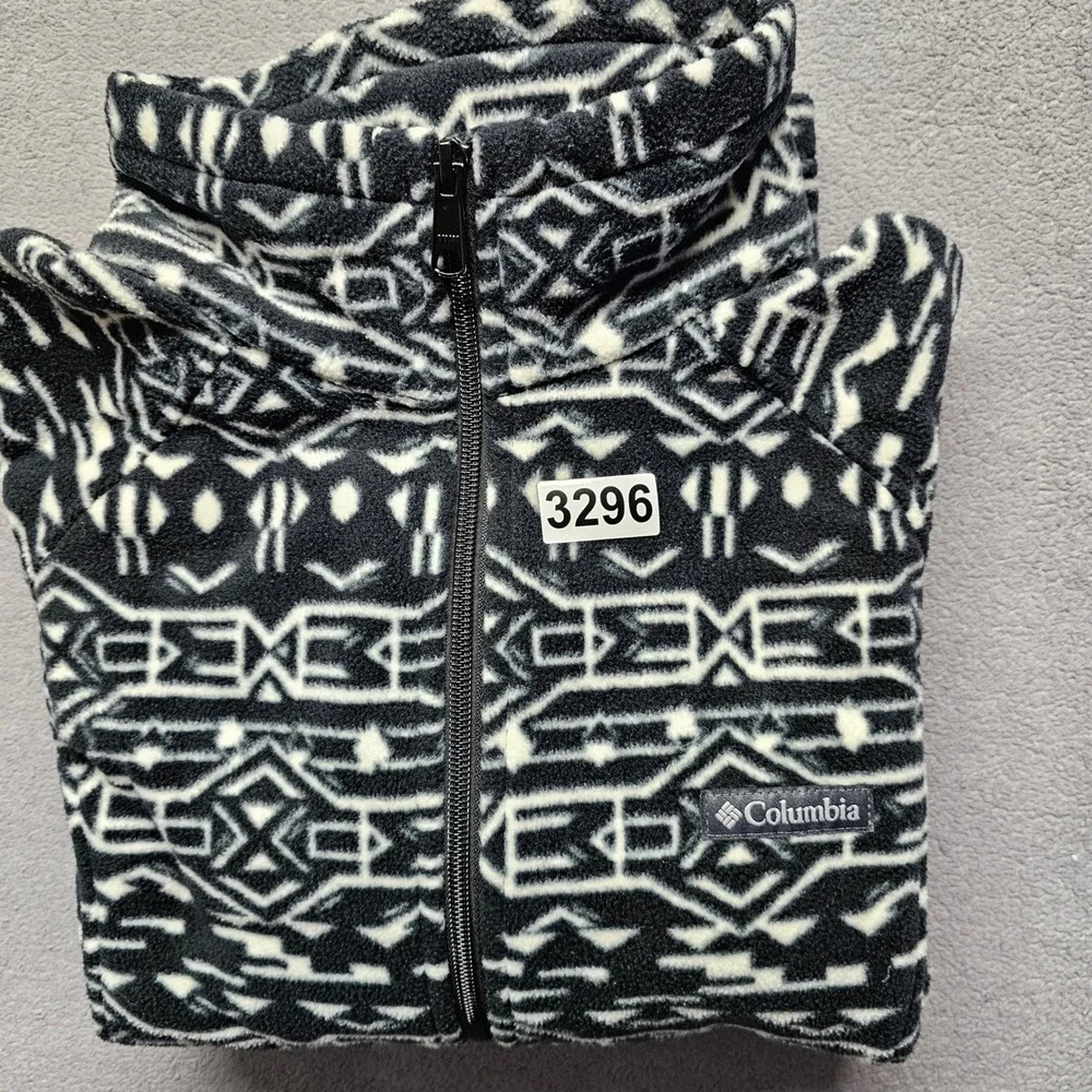 Columbia Full Zip Fleece Jacket Womens Size XL Black White Geometric Long Sleeve